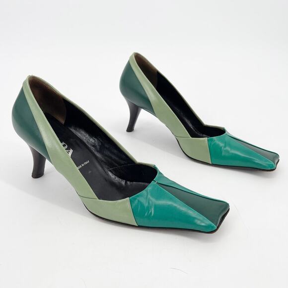 Vintage Prada Green Tricolor Colorblock Leather Square Toe Mid Heel Pumps 38.5 - Picture 1 of 11